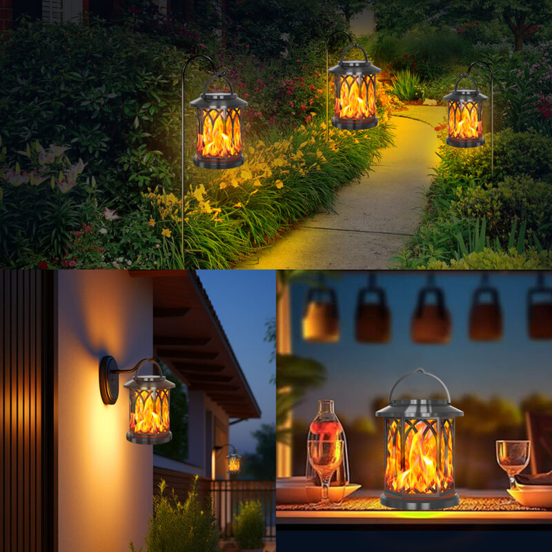 Lot de 2 lampes solaires d'extérieur à suspendre avec LED à flamme vacillante réaliste, imperméables, idéales pour décorer un jardin, un sentier ou