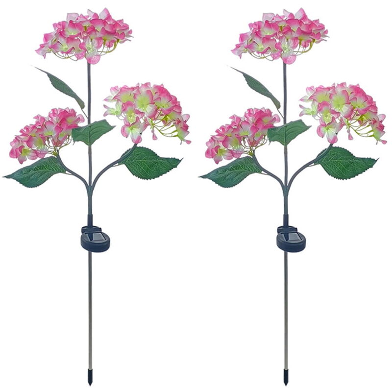 Feiyue - Lot de 2 lampes solaires d'extérieur colorées en forme de fleurs d'hortensia pour décoration de jardin, lampes solaires étanches - Rose