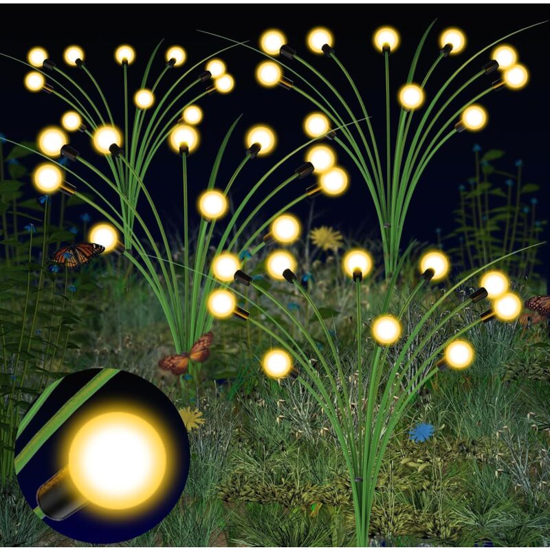 Lot de 2 lampes solaires en forme de luciole - 20 LED - Lampes solaires de jardin - Lampes solaires d'extérieur étanches - Décoration de cour, patio,