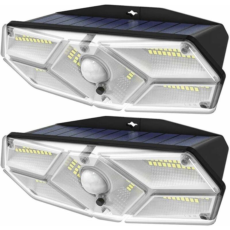 Lot de 2 lampes solaires étanches à 104 led avec détecteur de mouvement 3 modes d'éclairage à énergie solaire 270 ° pour garage, jardin, allée, porte