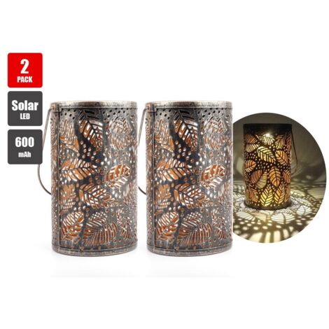 Lot de 2 lampes solaires LED pour jardin extérieur, lanternes solaires suspendues, style rétro, en métal ajouré, étanches.