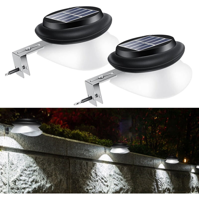 Lot de 2 lampes solaires pour gouttières, 9 led, étanches, sans fil, pour clôture, jardin, mur, cour, terrasse – Coque noire, lumière blanche