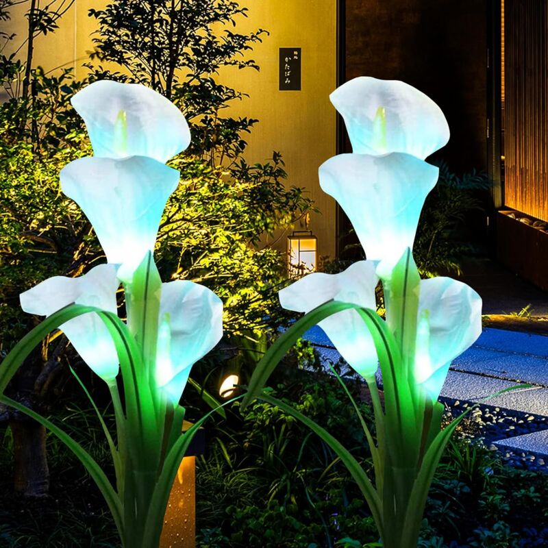 Lot de 2 lampes solaires pour jardin - Étanches - Fleurs de lys calla - Multicolore - Changement de paysage - Lampes solaires de jardin pour
