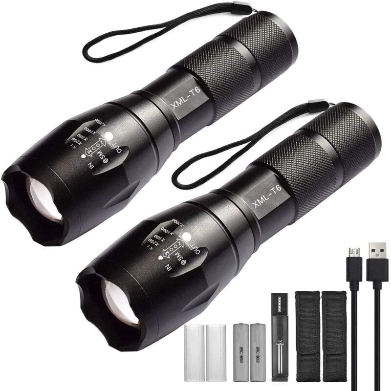 Lot de 2 lampes Torche de poche LED haute puissance avec 2 piles rechargeables 18650, lampe de poche tactique avec chargeur USB