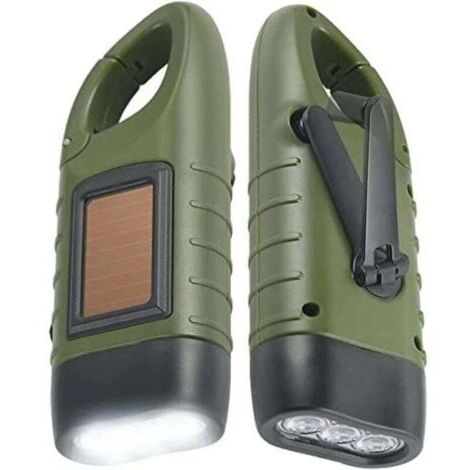 Lot de 2 Lampes Torches Solaires et à Manivelle - Rechargeable Dynamo d'Urgence avec Mousqueton pour Randonnée, Camping, Voyage