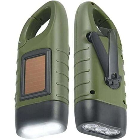 Lot de 2 Lampes Torches Solaires et à Manivelle - Rechargeable Dynamo d'Urgence avec Mousqueton pour Randonnée, Camping, Voyage