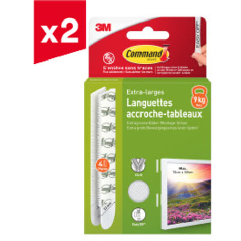 Lot de 2 languettes accroches tableaux Command™, blanches, extra-larges pour cadres lourds 9 kg, 4 paires