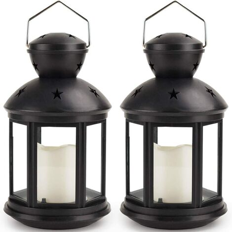 Lot de 2 lanternes à bougies hexagonales avec bougies sans flamme à DEL scintillantes (noir, 8 de hauteur, minuterie de 8 heures) - Lanterne suspendue extérieure Lanternes décoratives noires pour écla