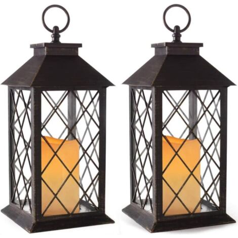 Lot de 2 lanternes à bougies vintage de avec bougie sans flamme scintillante à DEL (noir) - Lanterne à bougie à énergie solaire pour l'extérieur - Lanterne décorative suspendue pour patio - Lant