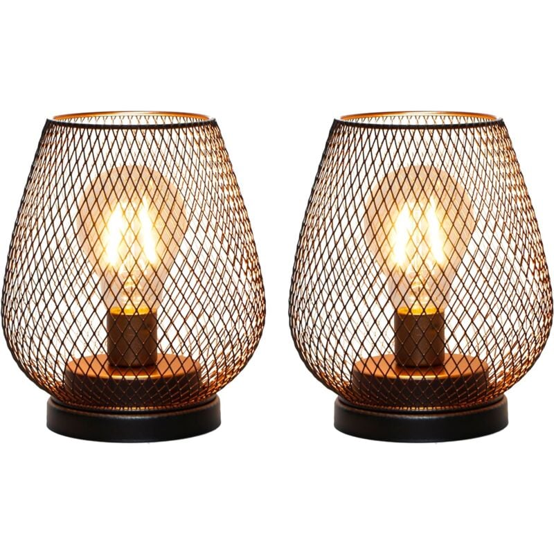 Lot de 2 lanternes de table LED à piles, lampes sans fil à cage en métal avec ampoule LED, lanterne d'extérieur décorative vintage pour mariages,