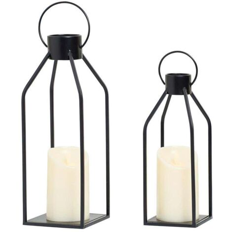 Lot de 2 lanternes électriques modernes en métal noir pour décoration de Noël.