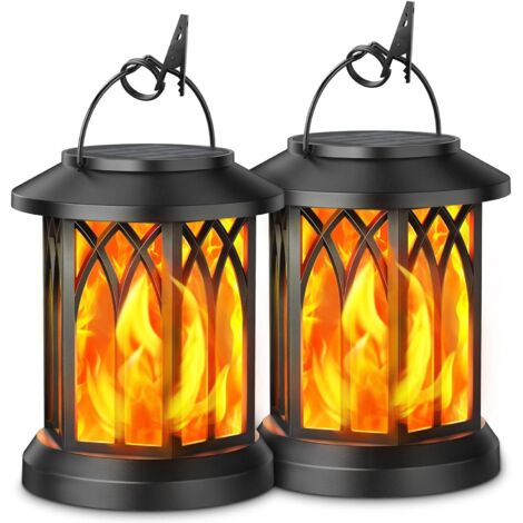 Lot de 2 lanternes solaires d'extérieur à flamme dansante à suspendre avec LED à flamme vacillante réaliste, lampes de jardin étanches avec 2 modes, double charge USB et énergie solaire [Classe énergé