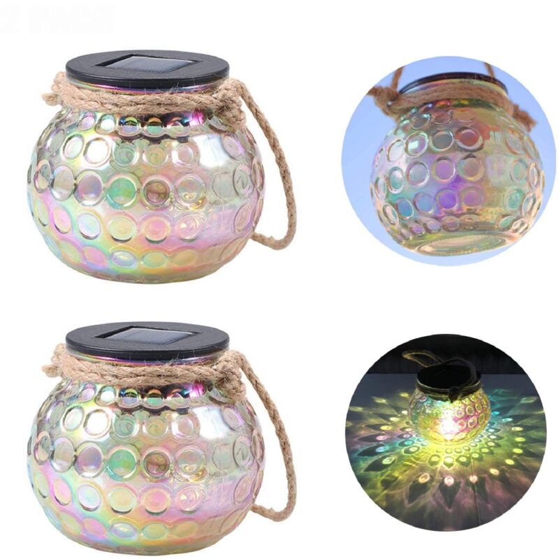 Lot de 2 lanternes solaires d'extérieur à suspendre - Lampes de table en verre IP65 - Étanche IP65 - Pour patio, porche, cour, pelouse, balcon,