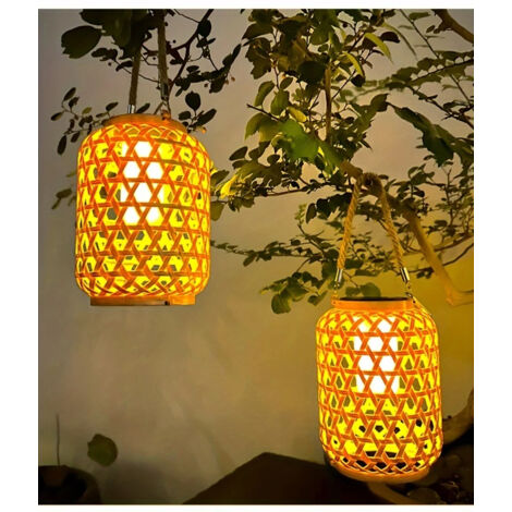 Lot de 2 lanternes solaires d'extérieur en imitation bambou, imperméables, en plastique et rotin, pour décoration de jardin