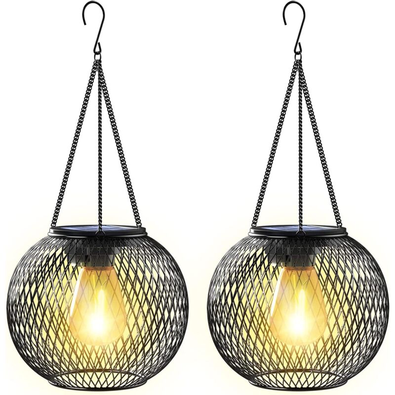Lot de 2 lanternes solaires d'extérieur en métal, étanches IP65, à suspendre, avec allumage et extinction automatiques, pour patio, pelouse, table et