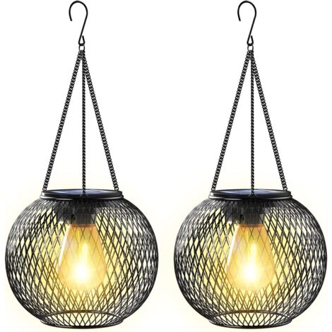 Lot de 2 lanternes solaires d'extérieur en métal, étanches IP65, à suspendre, avec allumage et extinction automatiques, pour patio, pelouse, table et clôture - Blanc chaud