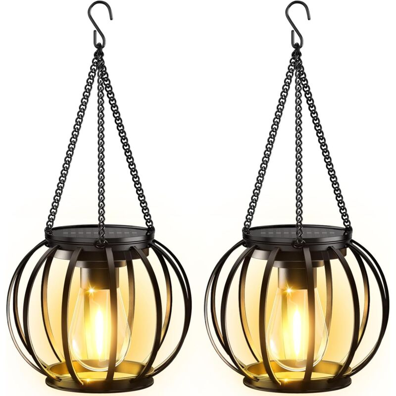 Lot de 2 lanternes solaires d'extérieur en métal, lumineuses, suspendues, étanches, avec allumage et extinction automatiques, idéales pour la