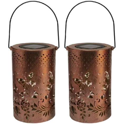 Lot de 2 lanternes solaires LED en métal, motif papillon, étanches IP65, pour balcon et terrasse – Décoration de jardin suspendue et cadeau idéal pour les femmes