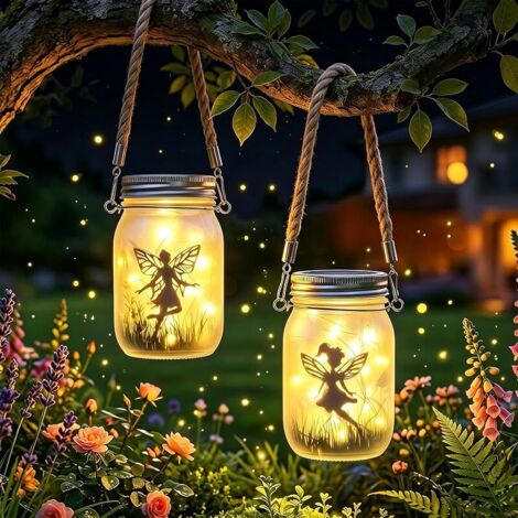 Lot de 2 Lanternes Solaires LED Extérieures Fée, IP65 Étanche Lampe Solaire de Jardin Mason Jar, Lumiere Solaire Exterieur Suspendue pour Patio Terrasse Pelouse Balcon Décoration (Blanc Chaud)