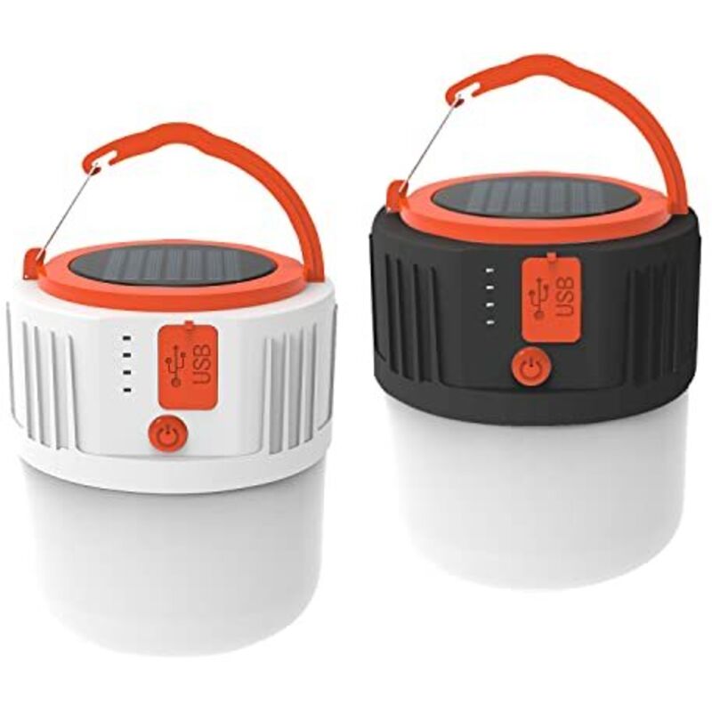 Lot de 2 lanternes solaires LED pour extérieur, rechargeables par cable USB, imperméable, avec 5 modes d’éclairage, pour camping, jardin, pêche,