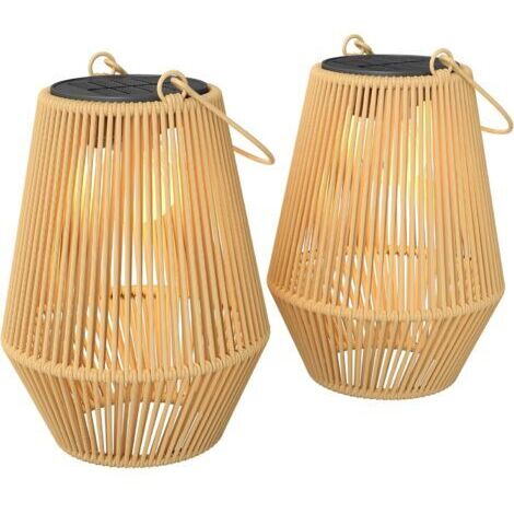 Lot de 2 Lanternes Solaires Suspendues Extérieur, Lampes de Jardin en Résine Tressée avec Allumage Automatique, Poignée, IP44, pour Terrasse, Chemin, Marron