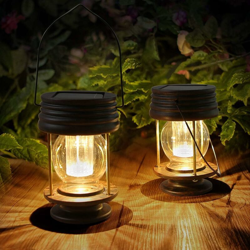 Lot de 2 Lanternes Solaires Suspendues - Lampes Suspendues à Énergie Solaire led Vintage avec Poignée pour Allée, Cour, Patio, Arbre, Plage, Gazebo