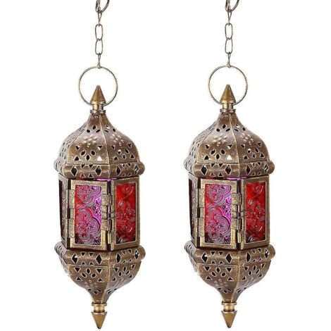 Lot de 2 lanternes suspendues rétro marocaines, bougeoirs en métal creux et verre.