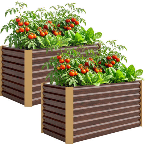 Lot de 2 lits de jardin surélevés carrés potagers cadre en acier galvanisé fond ouvert 120 x 60 x 60 cm effet  marron