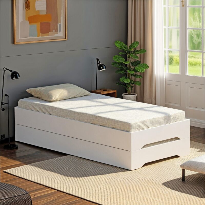 Le Quai Des Affaires – Lot de 2 lits empilables 90x190 – 2 sommiers 12 lattes – Couleur blanc – Dimensions 194.2x93.6x41 cm – Charge max 80 kg