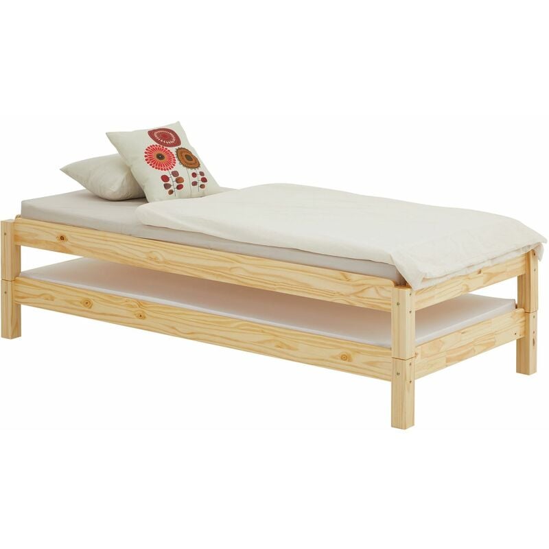 Lot de 2 lits superposables rino 80 x 190 cm, lits simples 1 place, couchage d'appoint, en pin massif vernis naturel - Naturel