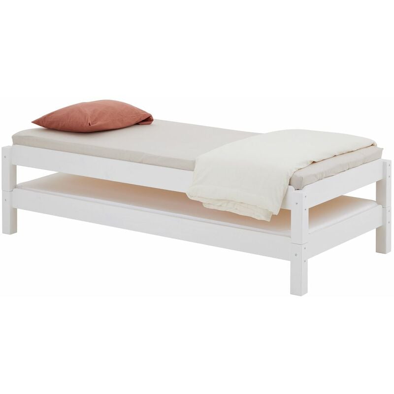 Lot de 2 lits superposables rino 90 x 190 cm, lits simples 1 place, couchage d'appoint, en pin massif lasuré blanc