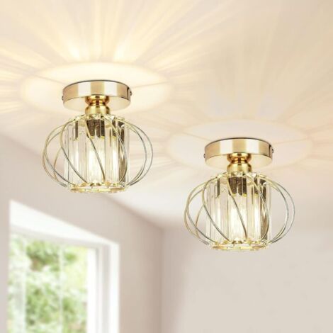Lot de 2 luminaires de plafond à cristaux, lustre plafonnier cage et cristal e27 led pour cuisine couloir salles à manger salons bar (Gold)