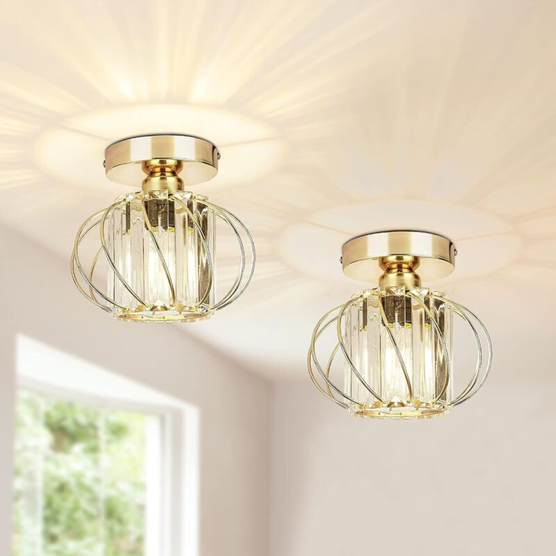 Lot de 2 luminaires de plafond à cristaux, lustre plafonnier cage et cristal e27 led pour cuisine couloir salles à manger salons bar (Gold)