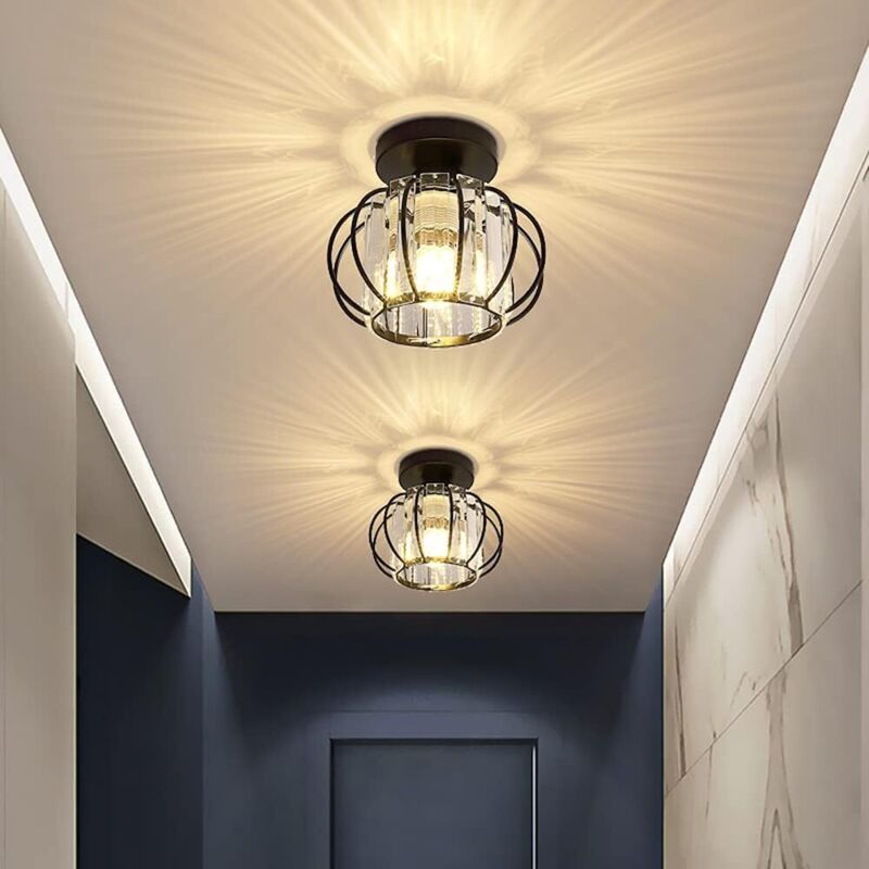 Lot de 2 luminaires de plafond à cristaux, lustre plafonnier cage et cristal e27 led pour cuisine couloir salles à manger salons bar (Noir)