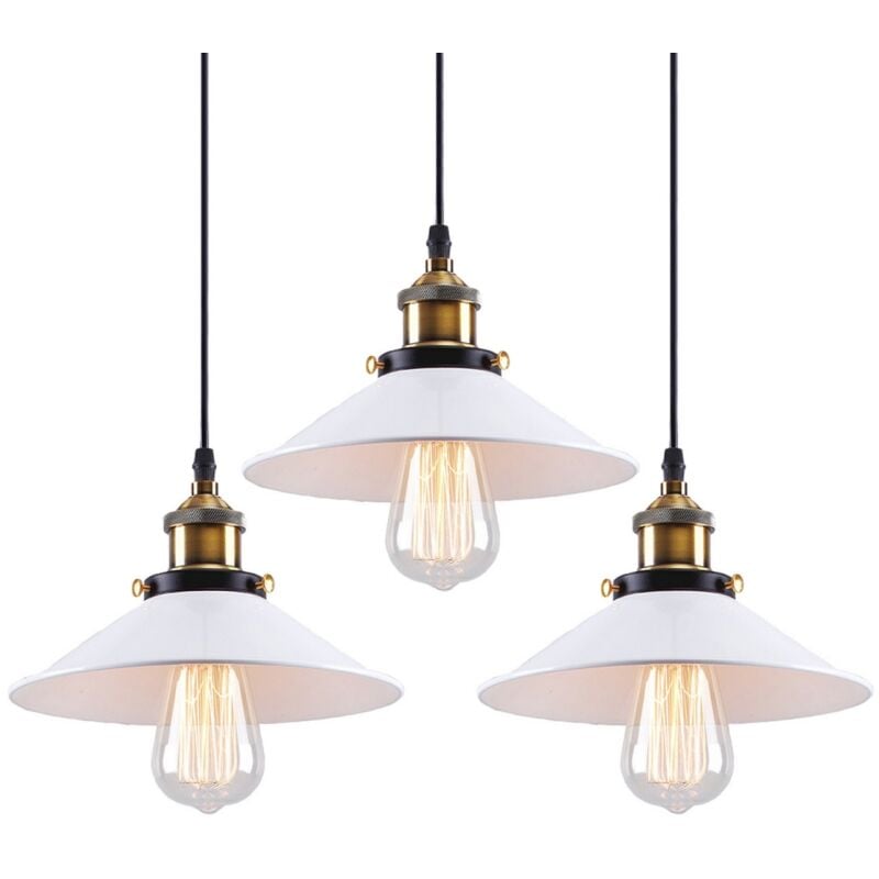 Lustre Suspension Industriel E27 Lustre Plafonnier en Forme Chapeau Lampe à Suspension Réglable Blanc - 3Pcs