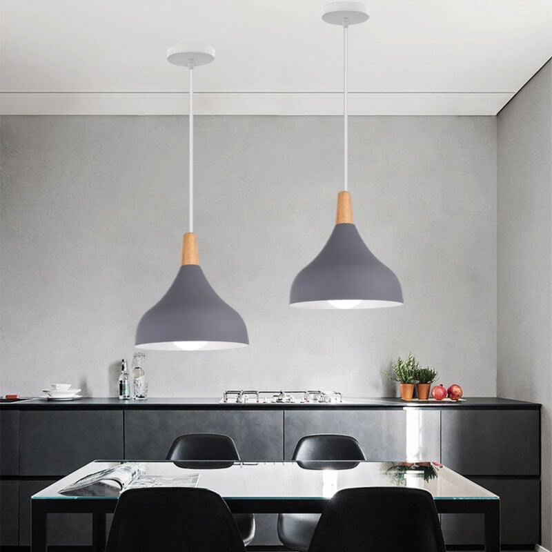 Lot de 2 Lustre Suspension Contemporain E27 Luminaire Corde Ajustable 20x20cm Gris