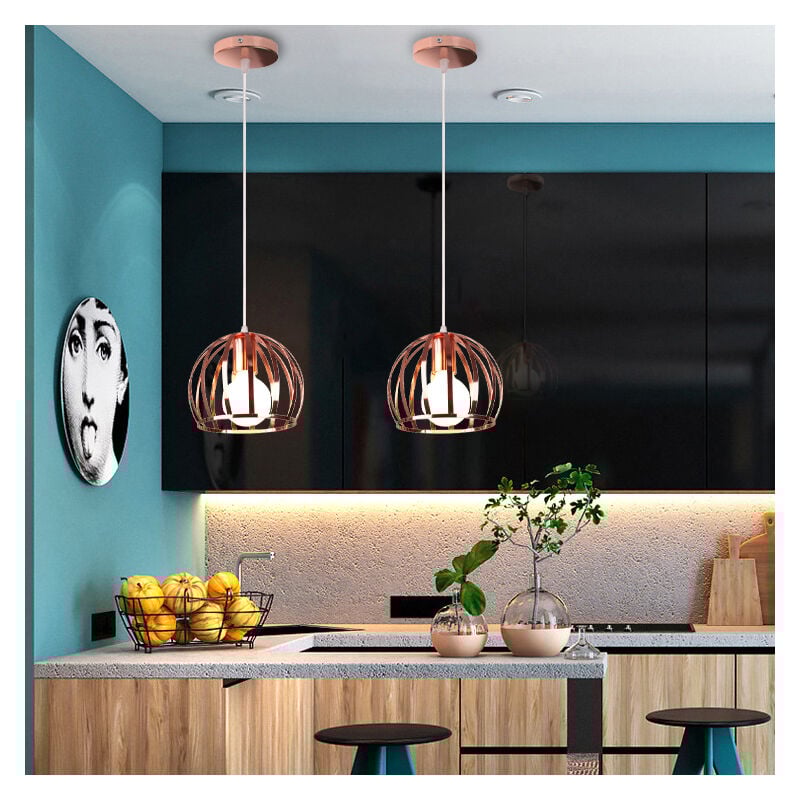 Lot de 2 Lustre Suspension E27 Cage en Fer 19cm Or Rose Luminaire Eclairage pour Décor Restaurant Salle Chambre