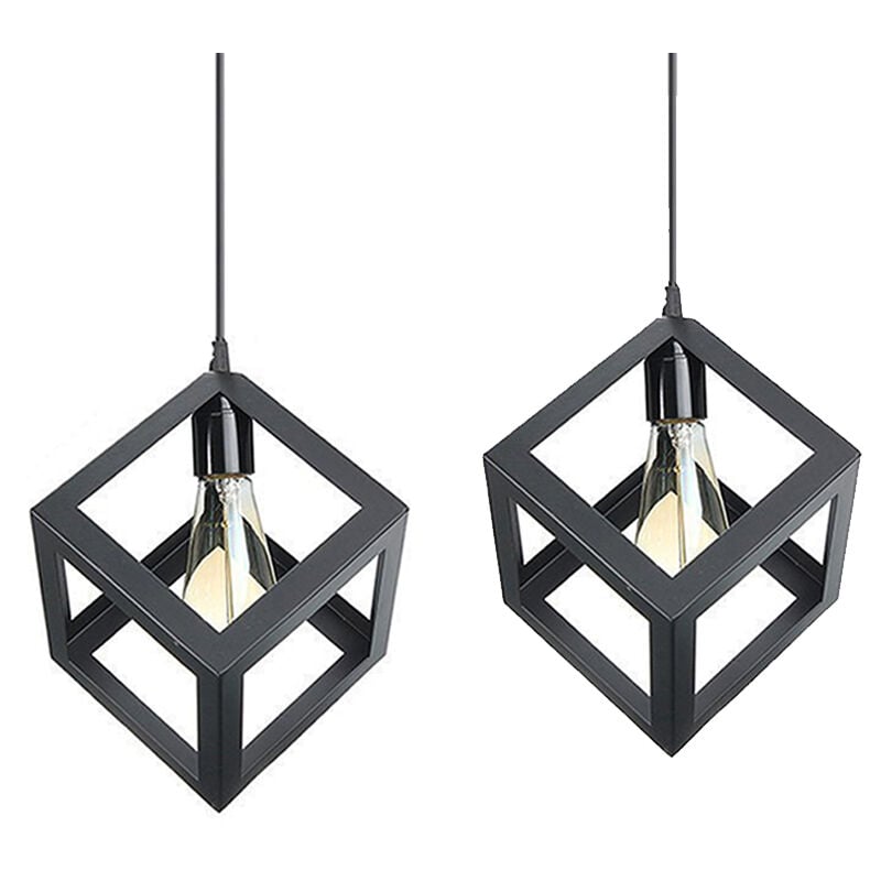 Lot de 2 Lustre Suspension Industrielle E27 Plafonnier Luminaire Cage Cube en Métal Noir