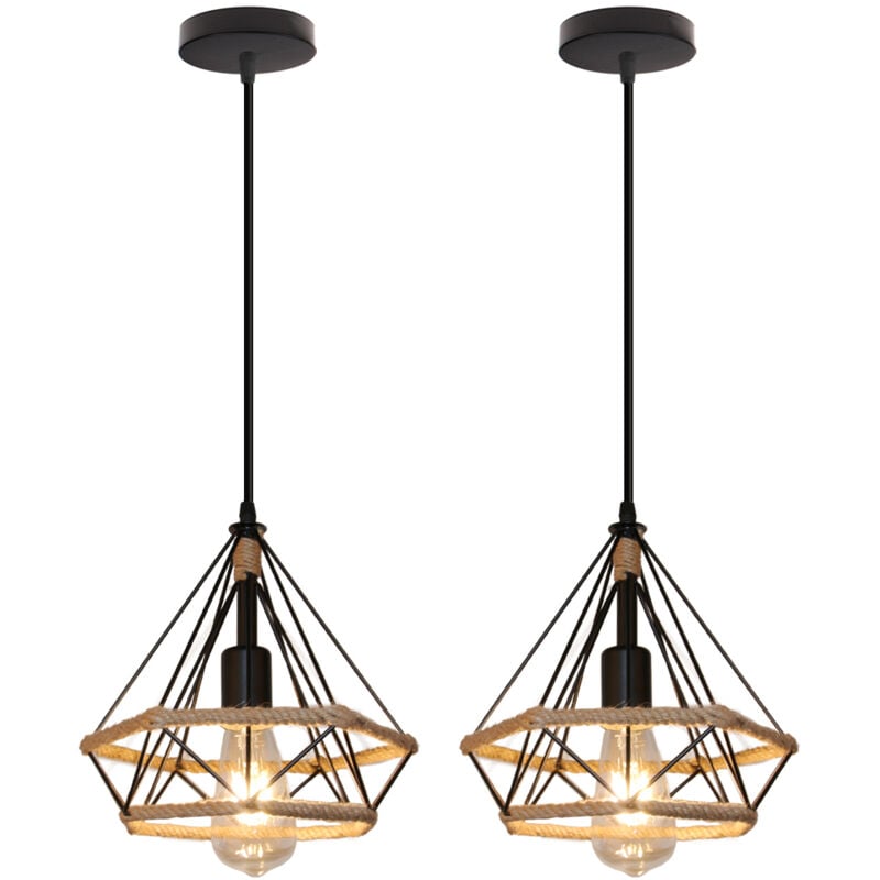 Suspension Luminaire Industriel E27 Lampe à Suspension Vintage Lampe Cage en Fer pour Chambre Salon Bar Noir - 2Pcs