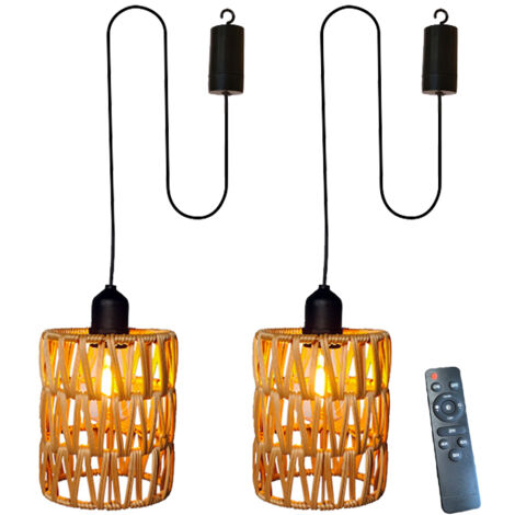 Lot de 2 lustres à intensité variable avec télécommande, lustres décoratifs en rotin avec ampoule, suspensions à piles