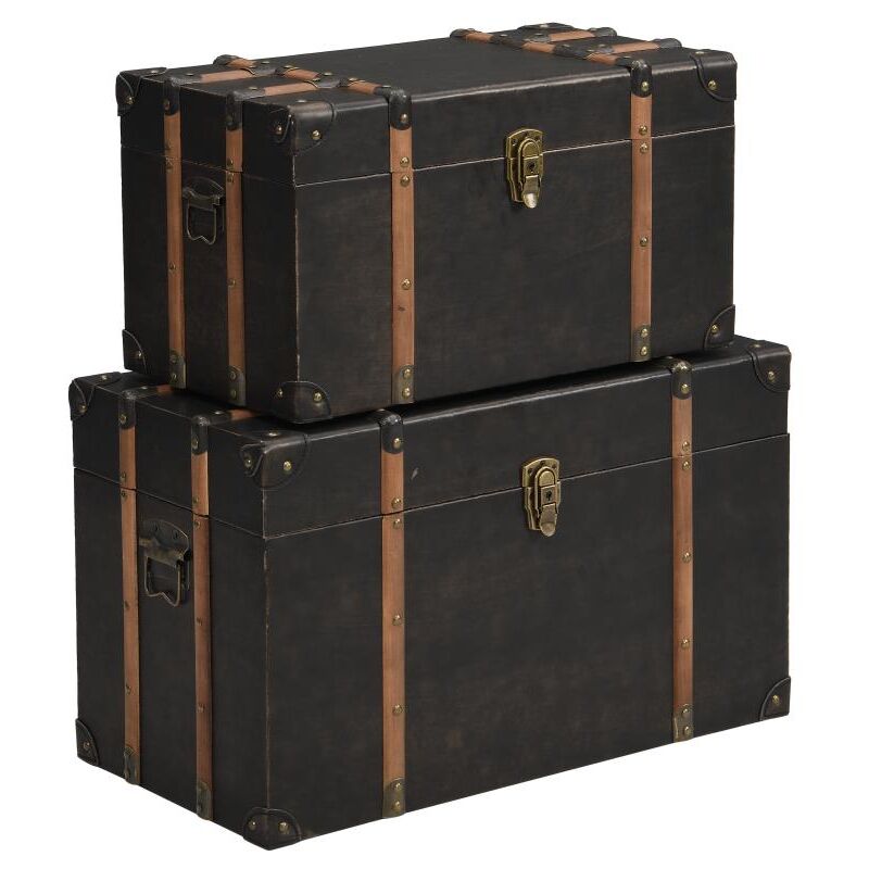 Lot de 2 malles en bois et MDF - Revêtement en simili - L. 64 x P. 39 x H. 34 cm et L. 54 x P. 30 x H. 30 cm - Marron foncé - MAHALIA