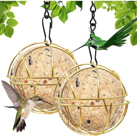 Lot de 2 mangeoires suspendues en forme de boule dorée pour petits oiseaux sauvages, en métal, pour une utilisation intérieure et extérieure.