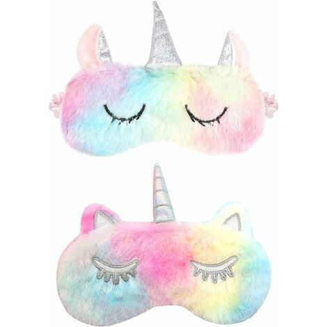 Lot de 2 masque pour les yeux de sommeil, masque pour les yeux animaux masque pour les yeux de dessin animé en peluche masque pour les yeux respirant de voyage pour femmes et enfants