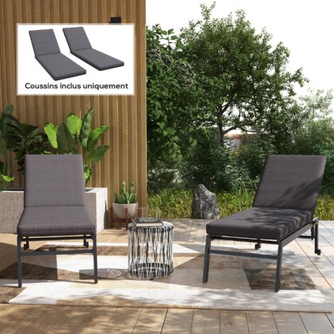 Lot de 2 Matelas pour Chaise Longue transat Bain de Soleil avec Sangles d'attache pour Jardin Gris foncé