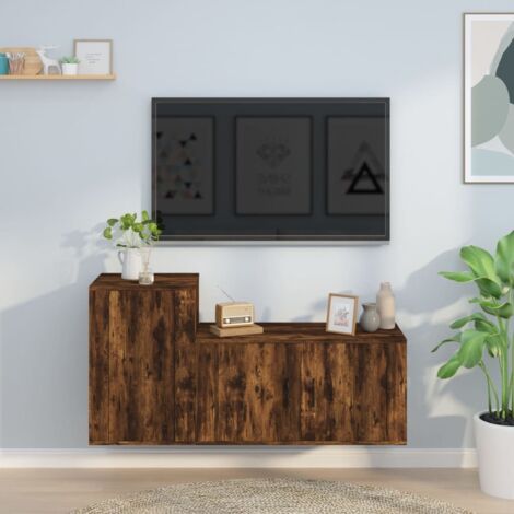 Lot de 2 Meubles TV - Armoire Télévision Moderne  Banc TV Chêne fumé Bois d'ingénierie -FR69624