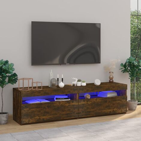 Lot de 2 Meubles TV Mondernes Banc TV de Salon avec lumières LED Chêne fumé 75x35x40 cm -FR77901