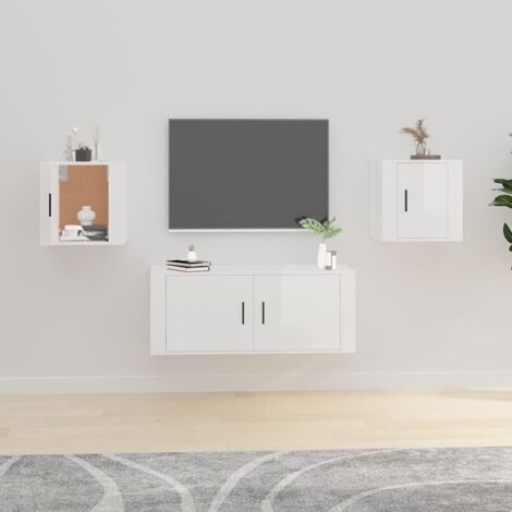 Lot de 2 Meubles TV muraux Banc TV de Salon,Design de luxe Blanc brillant 40x34,5x40 cm -FR25454
