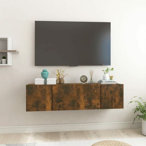 Lot de 2 Meubles TV suspendus  Banc TV  Meuble de Rangement Chêne fumé 60x30x30 cm HUIBU663253
