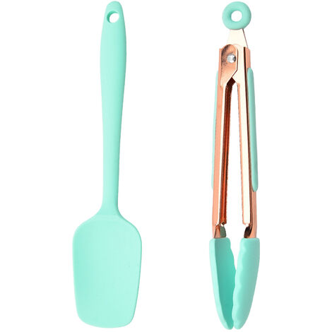 Lot de 2 mini ustensiles de cuisine en silicone Petits ustensiles de cuisine Batterie de cuisine antiadhésive avec trou de suspension Pelle en T + clip alimentaire (vert)