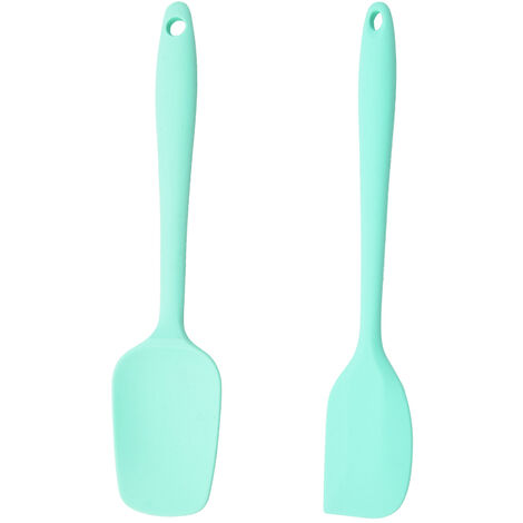 Lot de 2 mini ustensiles de cuisine en silicone Petits ustensiles de cuisine Batterie de cuisine antiadhésive avec trou de suspension Pelle en T + grattoir (vert)